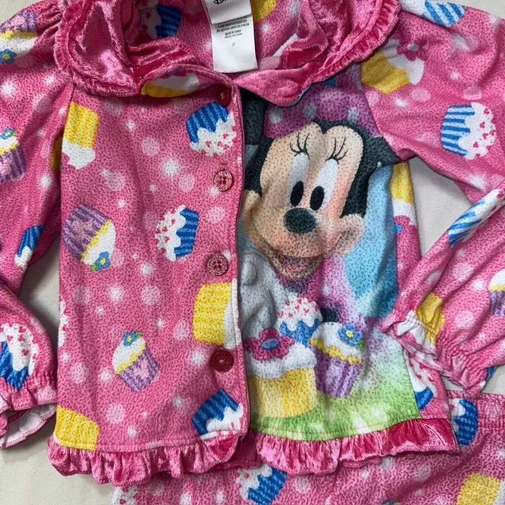 Disney Minnie Mouse Pajama Set Girls 3T Pink Top Bottom Cupcake Cozy Cute Ruffle